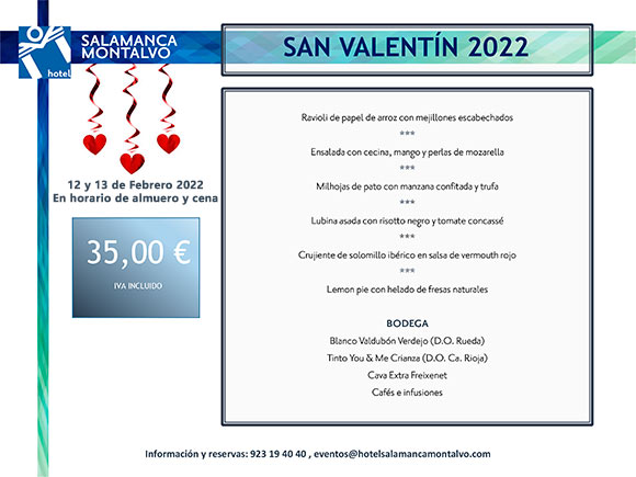menú san valentín 2022 en salamanca, restaurante romántico en Salamanca, menú cena romántica o almuerzo en Salamanca